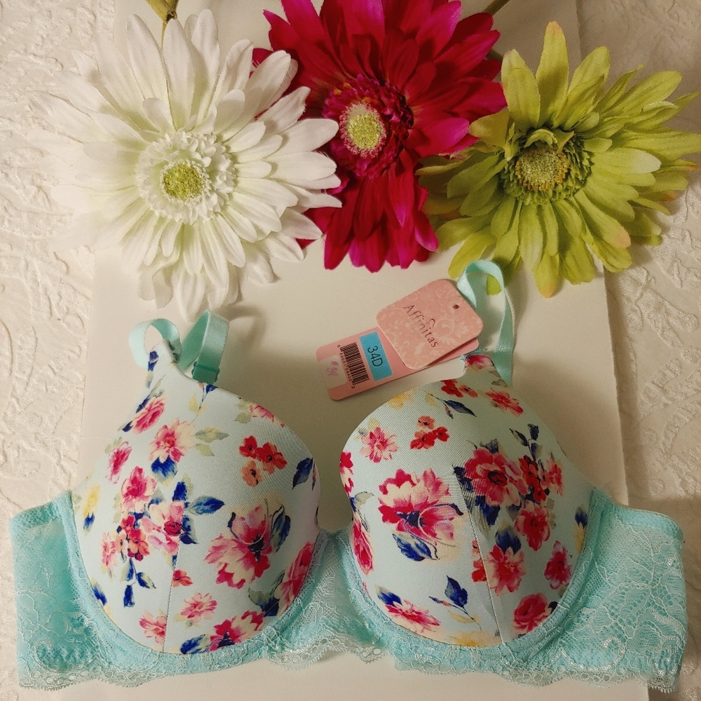 Affinitas vintage floral print push up bra blue lace pinks yellow New 34D